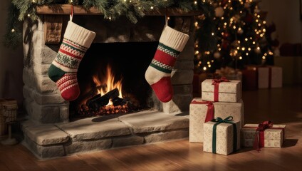 Cozy Christmas fireplace scene with stockings, gifts, and a tree.