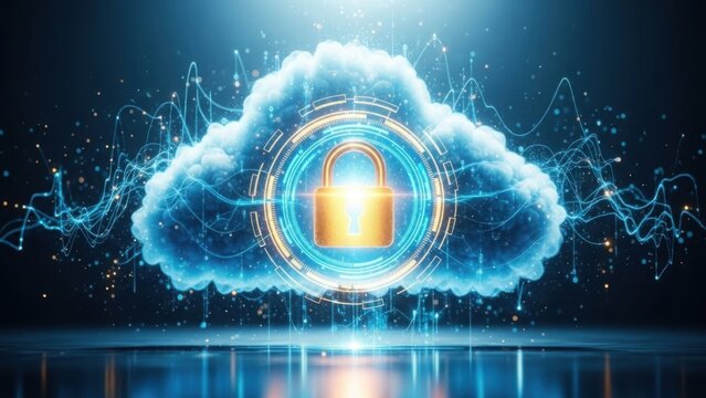 Digital cloud security concept with padlock icon protecting network data storage - Powered by Adobe