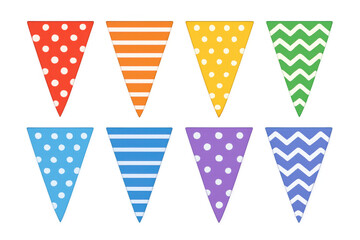 Obraz premium Colorful party bunting flags decorating celebrations, birthdays, festivals, and fun events with various patterns, transparent background