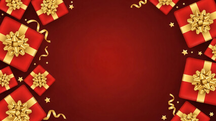 Christmas decoration with red gift box and gold ribbon making a frame on a red gradient background. Christmas themes. Flat lay, copy space