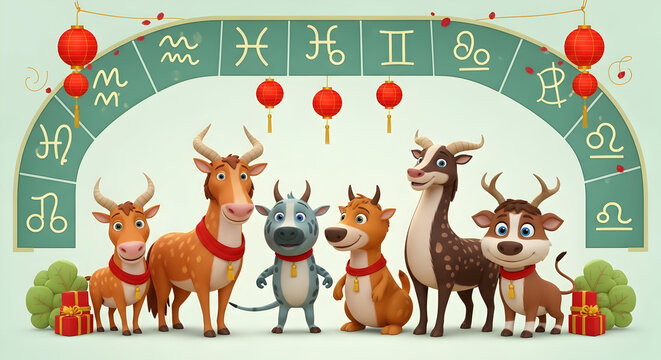 Cute cartoon animals representing zodiac signs under a celestial arch with chinese lanterns