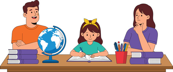 Vector illustration of parents helping their child study at a desk with books and a globe, promoting education and family learning.