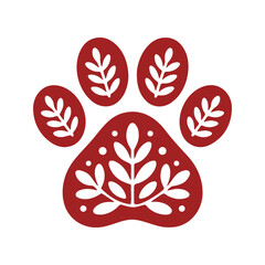 Fototapeta premium Stylized paw print with floral leaf patterns in red and white for animal or nature themed designs