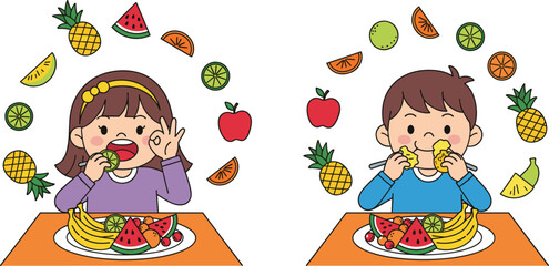 Cute Cartoon Vector of Children Enjoying a Healthy Meal of Fresh, Diverse Fruits