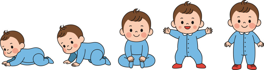 Cute Cartoon Vector showing Baby Developmental Milestones: Crawling, Sitting, and Standing