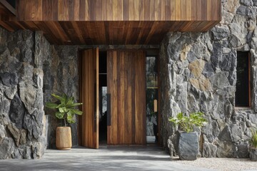 Fototapeta premium Wooden doors open to reveal a stone wall entrance at a modern building surrounded by plants, showcasing natural materials and design features in a bright setting