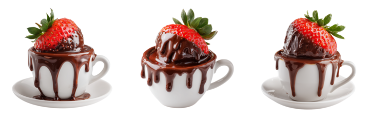 Set of Strawberry emerging from melted chocolate splash with glossy highlights, sharp focus transparent png background. Ai generated