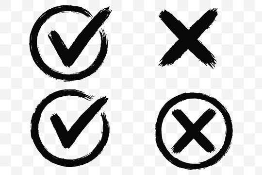 Hand drawn check tick mark icon set. x marks, checkboxes, and checklist symbols including right and wrong signs in brush marker style.
