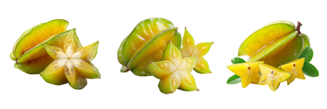 Set of Starfruit slices arranged in a neat row showing star-shaped cross-sections transparent png background. Ai generated - Powered by Adobe