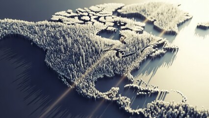 Digital 3d map of north america, abstract data blocks visualizing statistics.
