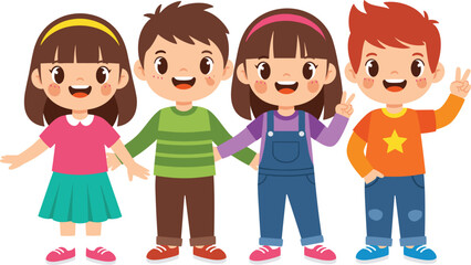 Diverse Group of Four Happy Children Standing Together in a Bright Cartoon VectorDiverse Group of Four Happy Children Standing Together in a Bright Cartoon Vector