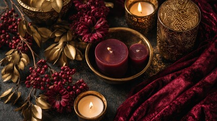Still life with candles berries and golden accents on dark surface