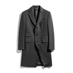 Classic charcoal gray wool overcoat hanging on a white background