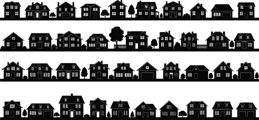 Fototapeta premium Vector Illustration of Symmetrical Suburban Street with Houses, Benches, and City Skyline View