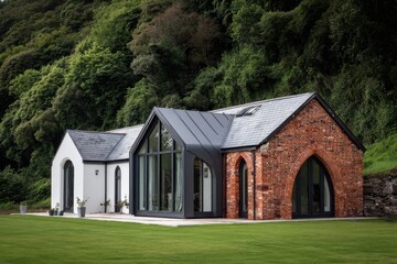 Obraz premium Modern house design combines brick and glass with nature in the background, showcasing a blend of tradition and contemporary style in a rural setting