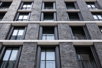 Modern brick building with large windows and black balconies in an urban setting taken during daytime showcasing contemporary architecture and design
