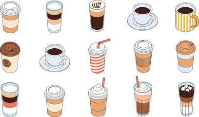 Vector illustration set of assorted coffee drinks including lattes, cappuccinos, iced coffees, to-go cups, and mugs in various styles.