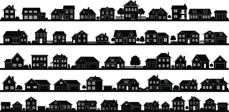 Large set of varied house silhouettes and suburban home profile vectors for design.