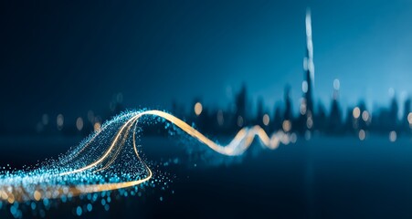 City skyline with a blue and yellow line that runs through it