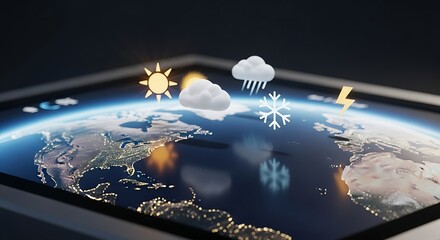 Stay ahead of the forecast with this stunning weather app interface displaying sun, clouds, rain, snow, and lightning for accurate global updates on your tablet