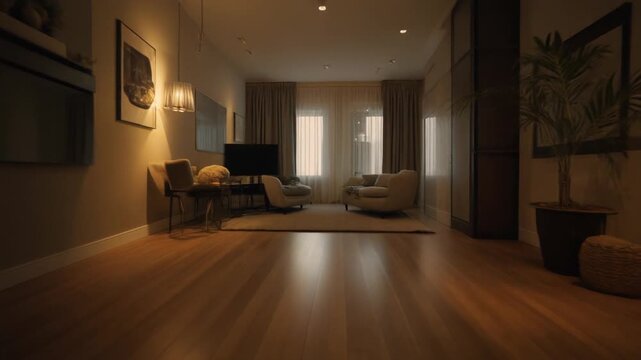 Final slow drift through a calm living interior, layered lighting migrating across textures as reflections settle smoothly.