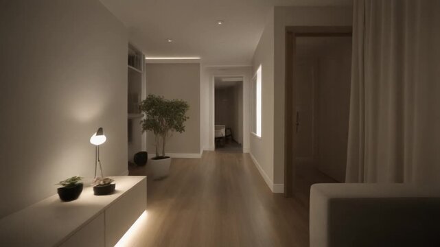 A serene and modern hallway with subtle lighting, potted plants, and a minimalist aesthetic viewed from the entrance.