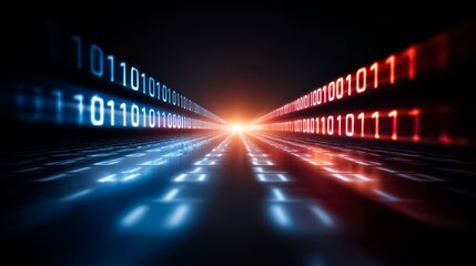 Computer screen displays a series of binary numbers in a row, with a red and blue line in the middle