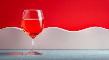 Glass of red wine is sitting on a table. The wine is a deep red color and the glass is clear. The image has a warm