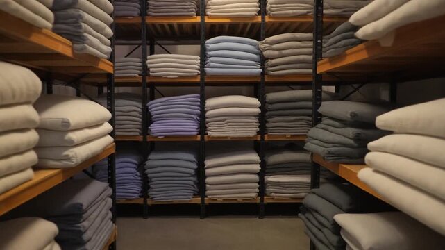 Gentle motion across a linen storage area, fabric stacks softly illuminated with shifting light gradients.