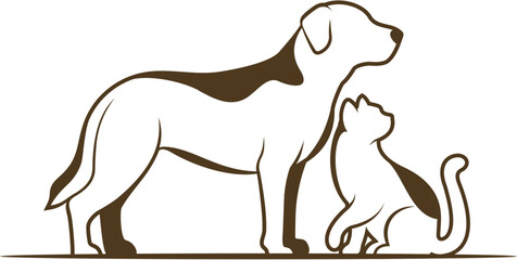 Stylized Dog and Cat Illustration with Brown Markings and Outlines