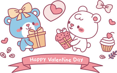 Cute bears exchanging sweet gifts, celebrating love on valentine's day.