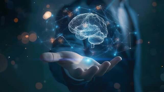 ビジネスマンの手のひらに浮かぶAI知能コアが発光するテクノロジー映像