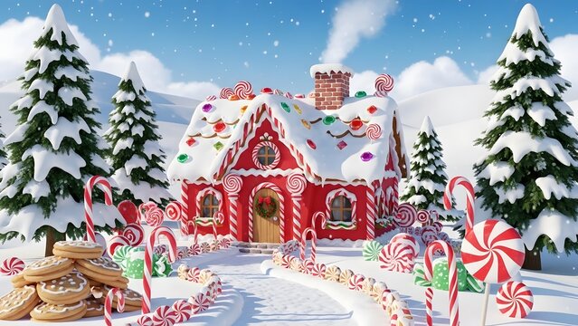 Whimsical gingerbread house covered in snow and surrounded by candy canes and cookies in a festive winter wonderland scene