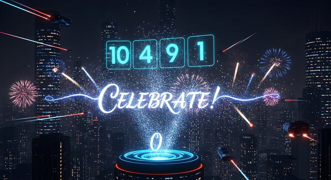 Digital countdown clock displays 10491 with celebrate text and fireworks over city skyline