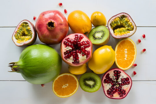 Vibrant overhead shot of exotic fruits on a light wooden plank: pomegranate, kumquats, kiwis, citrus, passion fruits, and anona arranged in a minimalist flat lay.