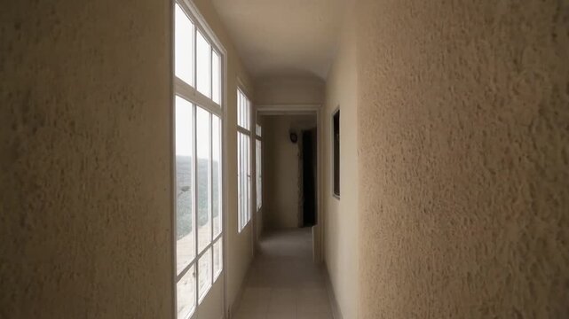 Slow reveal along a staircase corridor wall, textured plaster gaining relief as sidelights slide downward.
