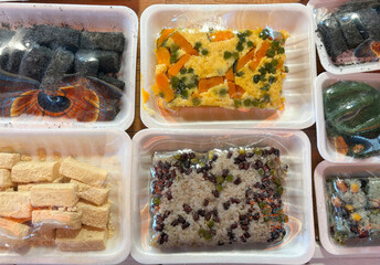 Various of rice cake, Korean food display in the market. Wrapped with plastic