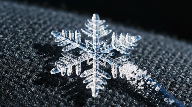 A stunning snowflake showcases intricate patterns as it rests gracefully on a dark fabric. The winter light highlights its delicate structure, creating a magical moment of nature's beauty.