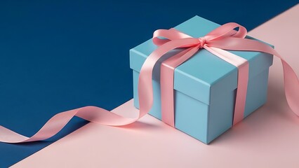 Light blue gift box with pink ribbon on a pastel color block background representing celebration and surprises for special occasions like birthdays or valentines day perfect for digital marketing