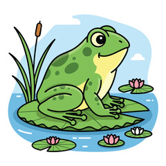 Green Frog on Lily Pad in Serene Pond Scene