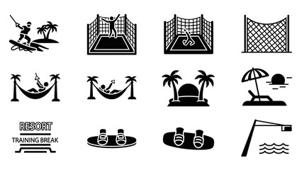 Water sports and beach activities - silhouettes of wakeboarding, hammocks, and volleyball nets
