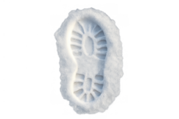Boot footprint creating a distinct impression in fresh snow, leaving a track on transparent background, winter concept