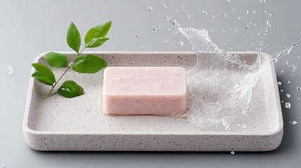 Soap Bar with Water Splash and Green Leaves on Tray