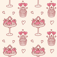 Seamless Valentine pattern with chocolate strawberry dessert stand, lovebird cupcake, and hand-drawn hearts on a soft cream background, perfect for romantic wrapping paper, fabric, bakery packaging.