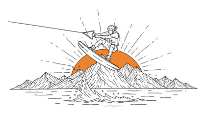 Dynamic wakeboarding adventure: rider against mountain sunrise