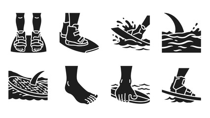 Black silhouette of surfing and scuba diving elements with ocean theme