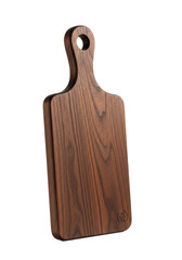 A dark brown walnut hardwood cutting board with an ergonomic handle, isolated on a transparent seamless background. Concept of high-quality craftsmanship