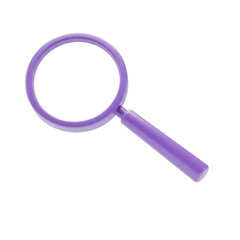 hyper-realistic 3d render close-up of a vibrant purple-handled magnifying glass with a chrome bezel, pristine optical lens, floating on a white background concept of search and investigation