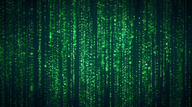 Falling green text or letters in the matrix formation on dark background. 