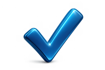Blue 3d rendered check mark, glossy and shiny, representing success, approval, validity, and completion. Transparent background